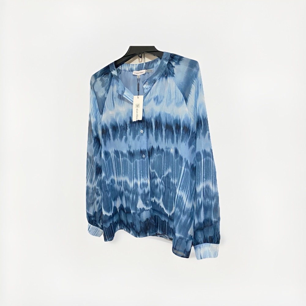 Calvin Klein Women's M Blue Tie-Dye Chiffon Collared Button Front Blouse - Picture 2 of 5